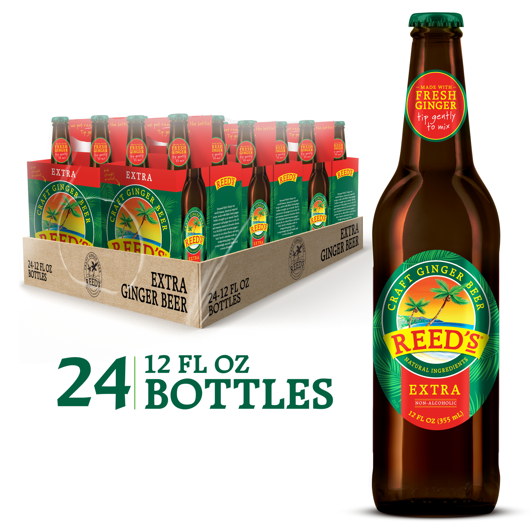 Reed's Extra Ginger Beer pack with 24 bottles, a single bottle displayed next to it, highlighting natural ingredients