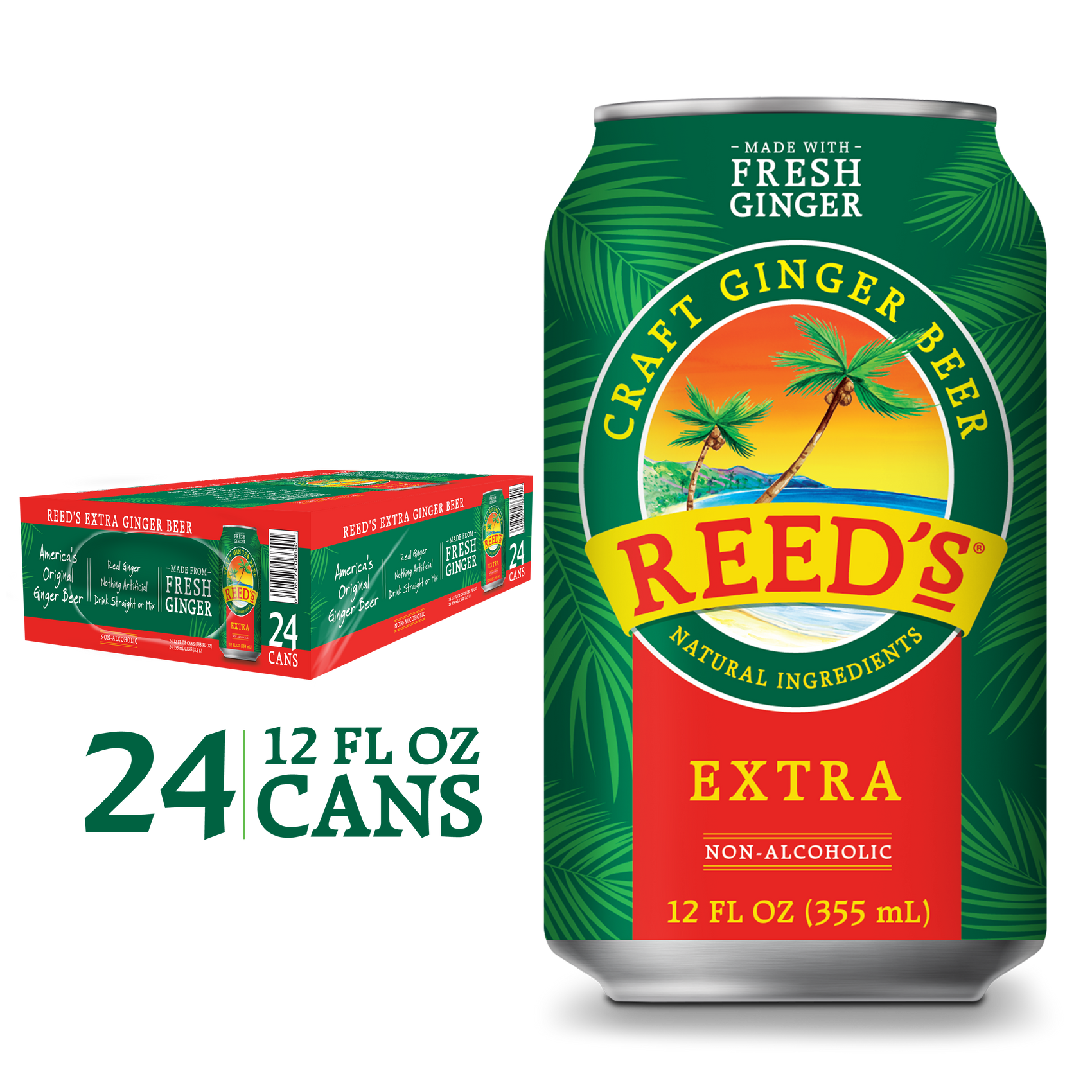 Reed's Extra Ginger Beer can and box displayed with fresh ginger, emphasizing natural ingredients and its non-alcoholic label.