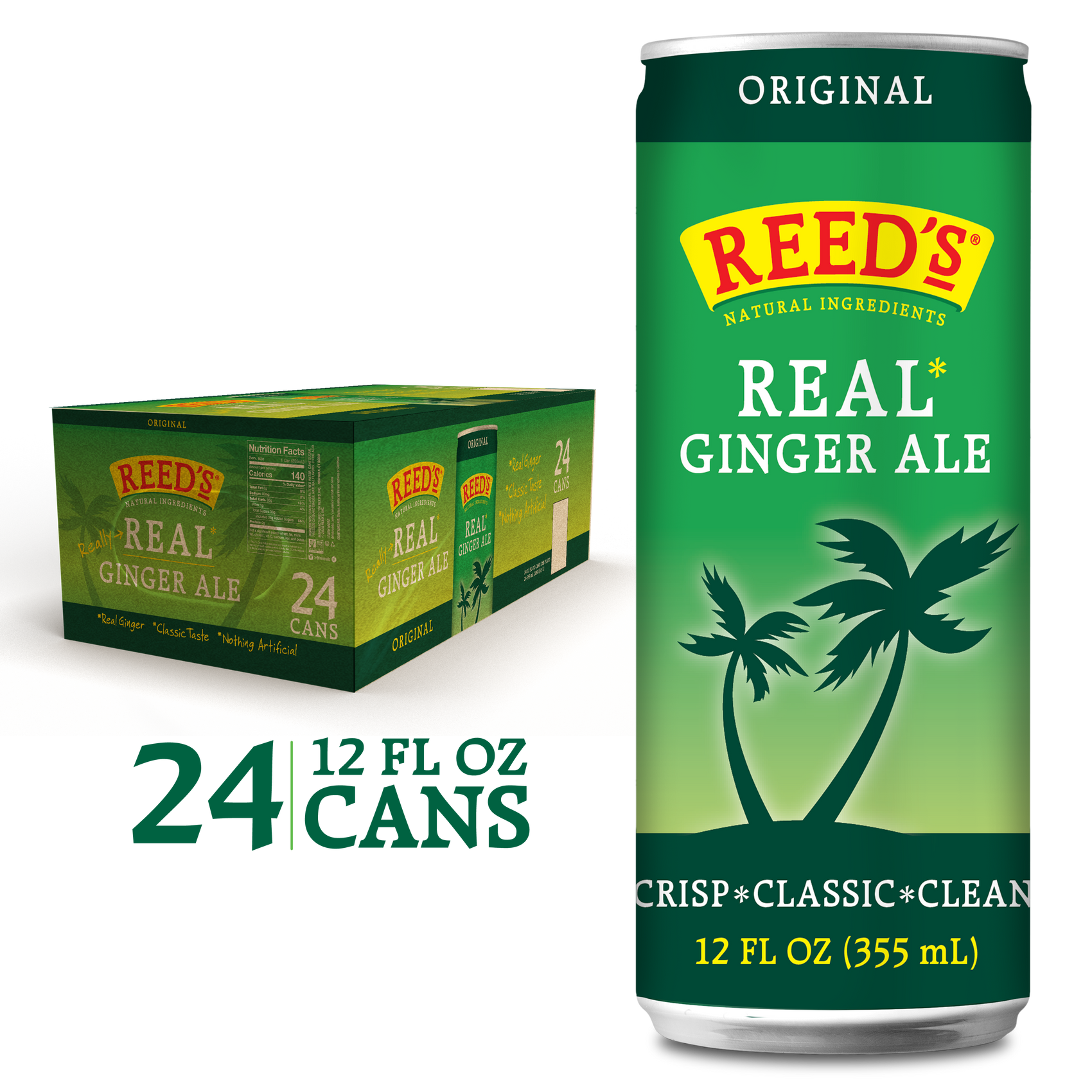 Reed's Original Real Ginger Ale can and box, with an emphasis on real ginger and natural ingredients