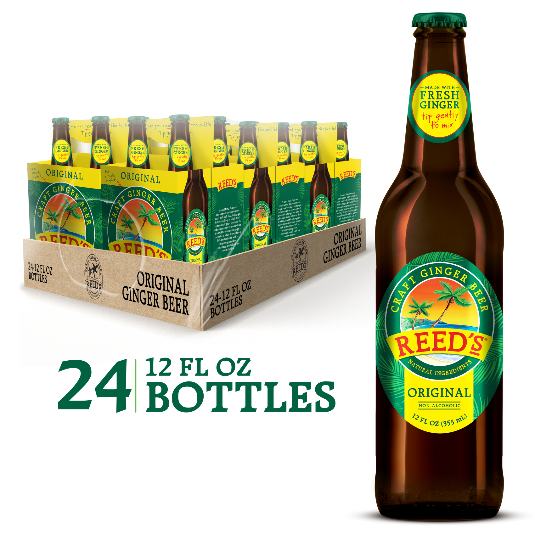Reed's Original Ginger Beer pack with 24 bottles, a single bottle displayed next to it, highlighting natural ingredients