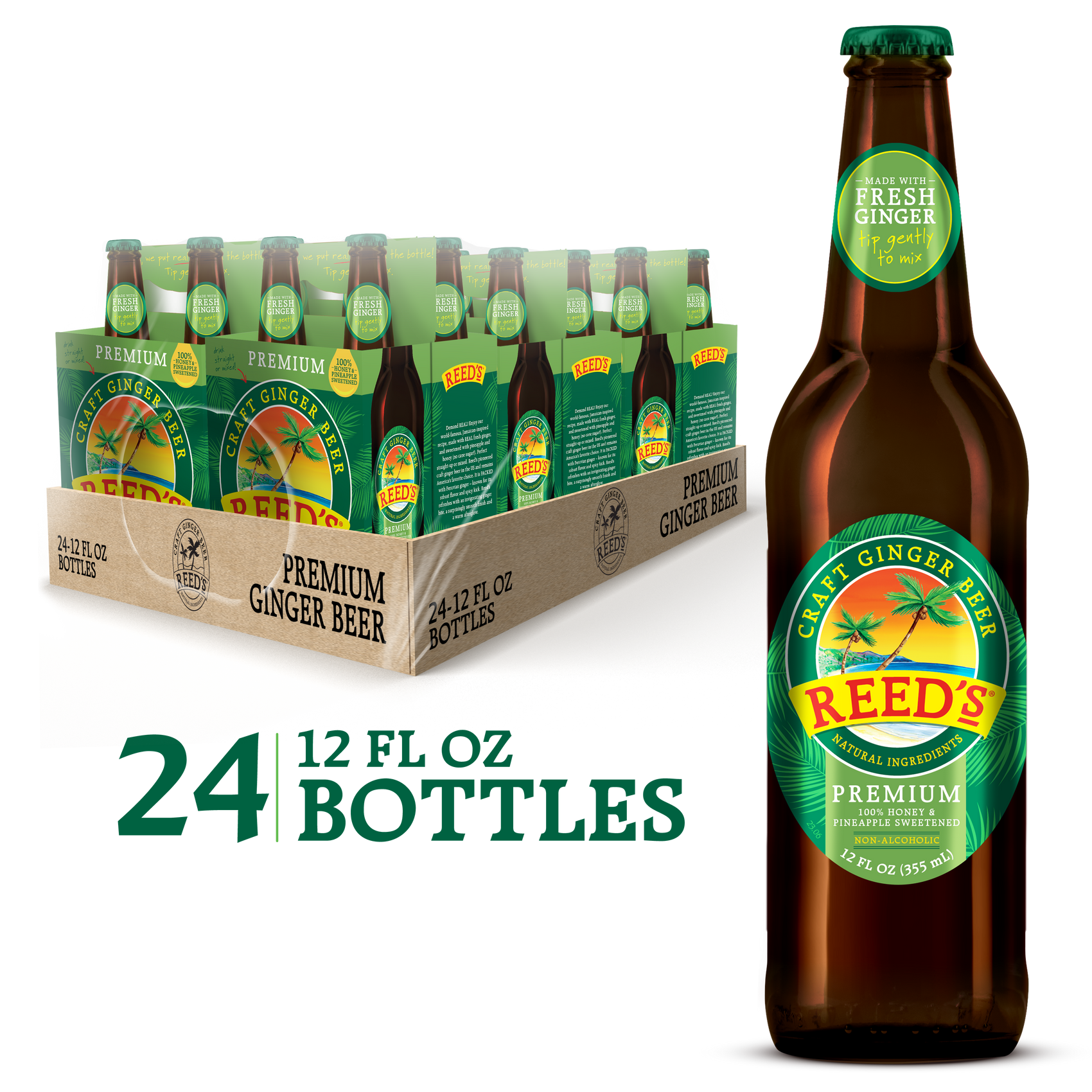 Reed's Premium Ginger Beer pack with 24 bottles, a single bottle displayed next to it, highlighting natural ingredients, including honey and pineapple