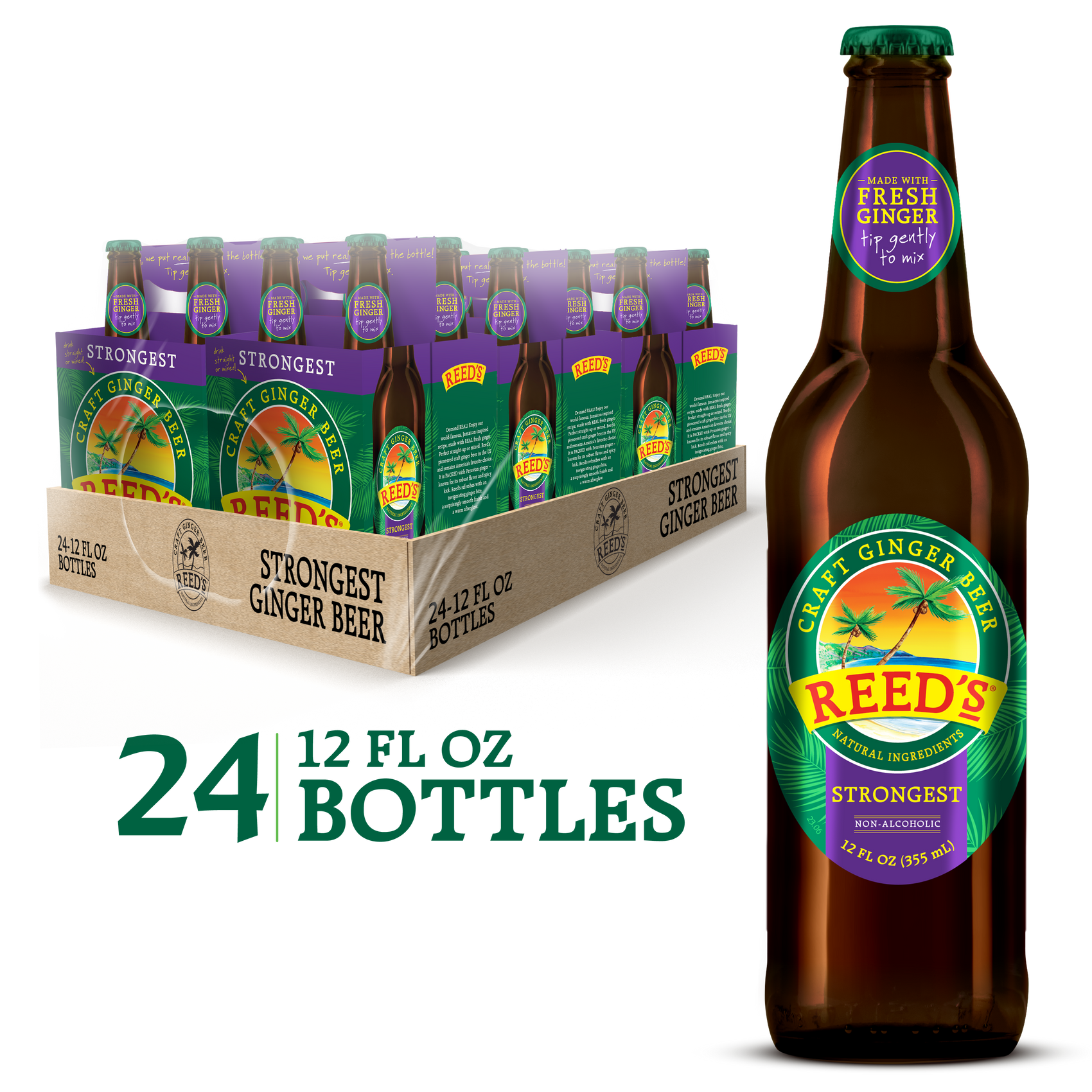 Reed's Strongest Ginger Beer pack with 24 bottles, a single bottle displayed next to it, highlighting natural ingredients