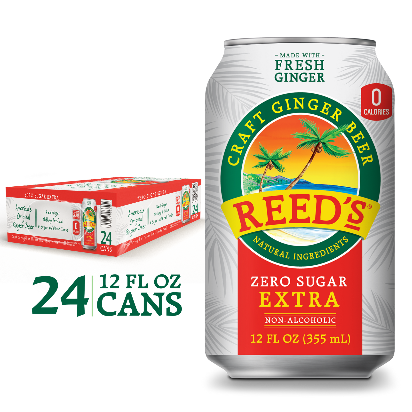 Reed's Zero Sugar Extra Ginger Beer can and box displayed, with an emphasis on natural ingredients