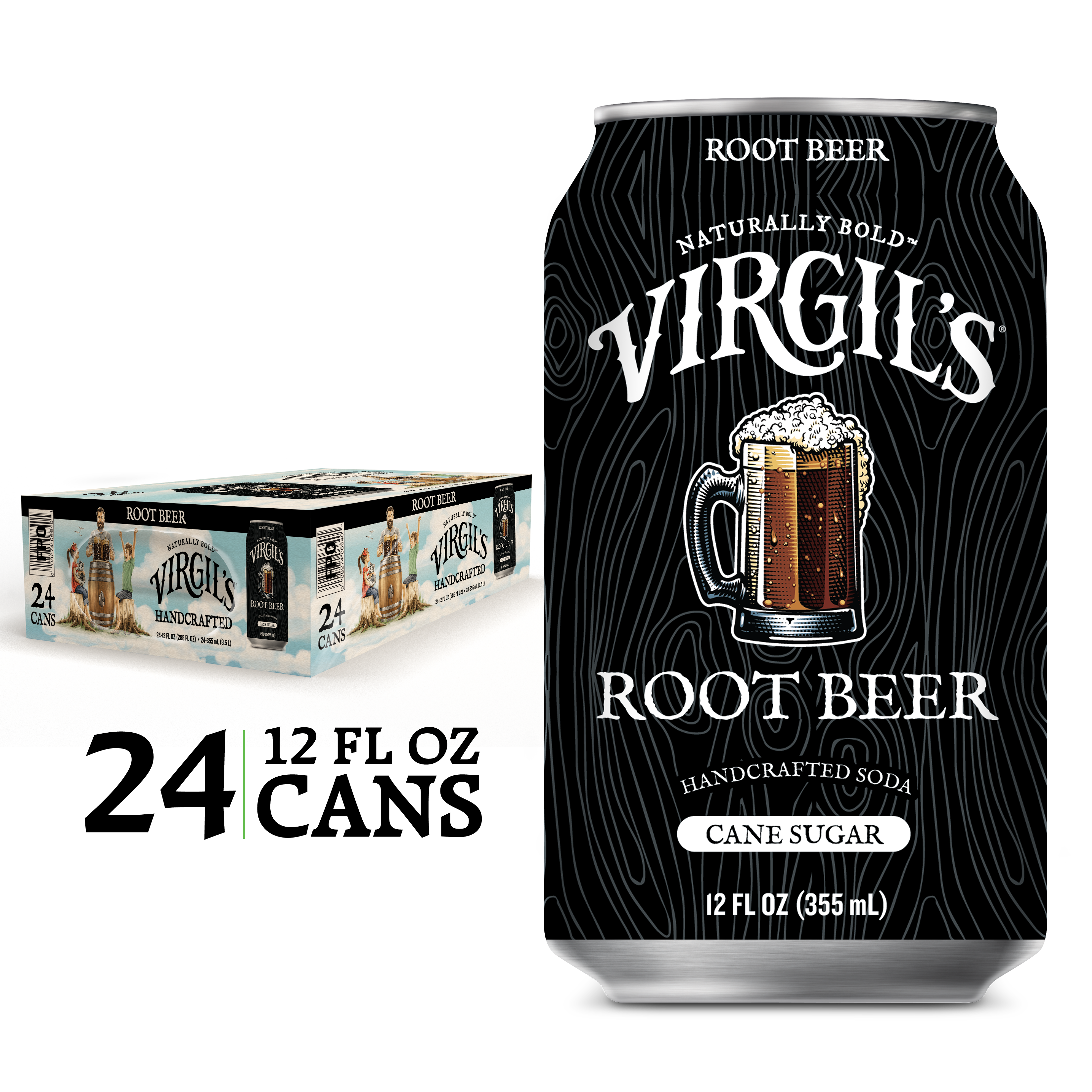 Virgil's Root Beer 24 pack with a single black can displayed next to it.