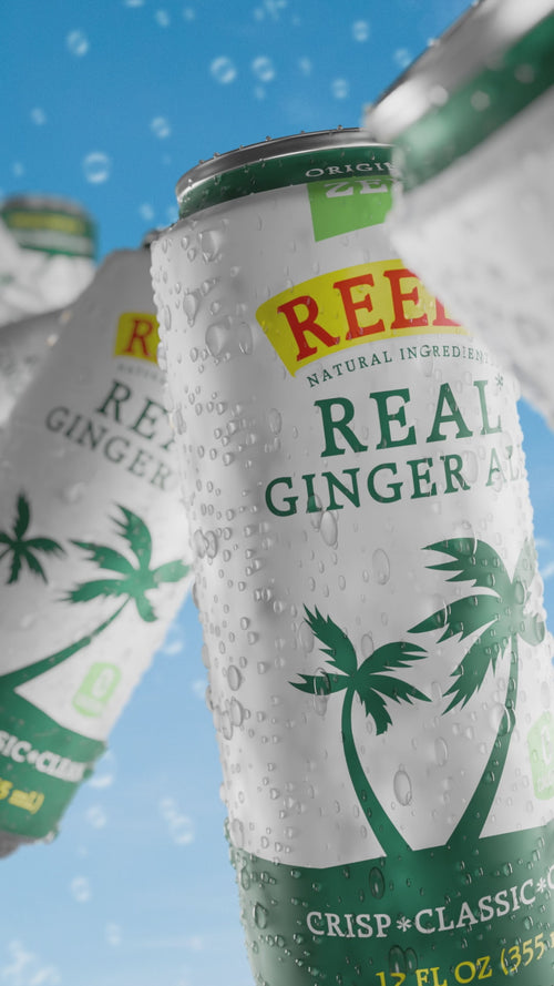 video of reeds real ginger ale zero sugar floating with blue background